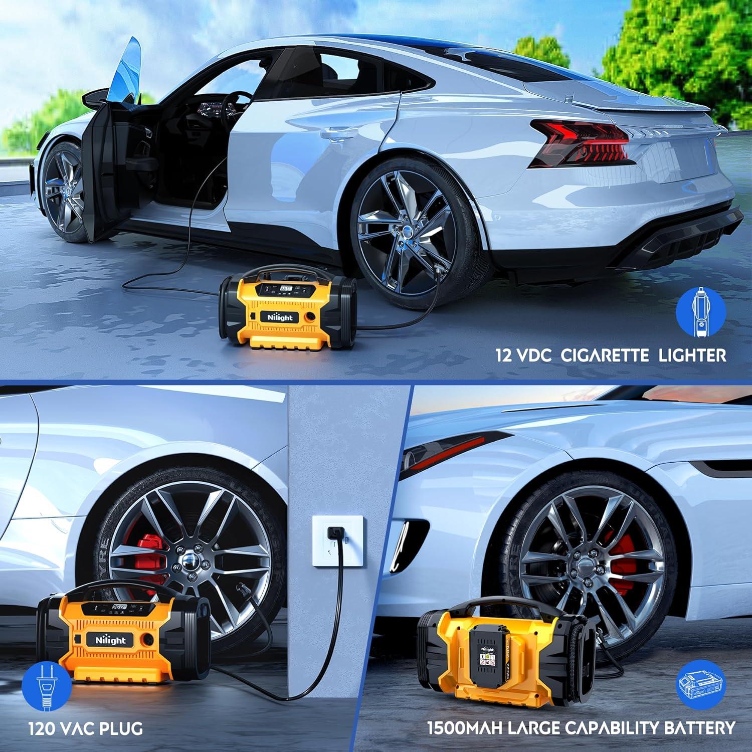 imageNilight Tire Inflator Air Compressor Portable Pump for 12V DC Car Tires with Digital Pressure Gauge 150PSI Auto LED Light Cars ATVs BicyclesAcDc Air Compressor Pump Battery