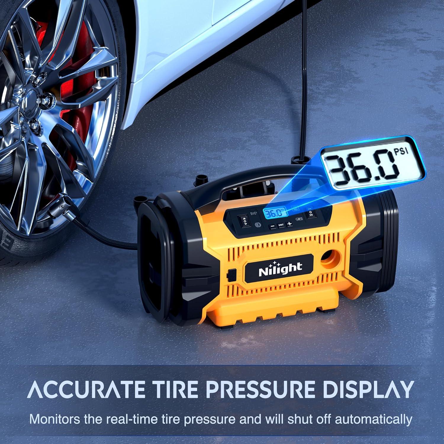 imageNilight Tire Inflator Air Compressor Portable Pump for 12V DC Car Tires with Digital Pressure Gauge 150PSI Auto LED Light Cars ATVs BicyclesAcDc Air Compressor Pump
