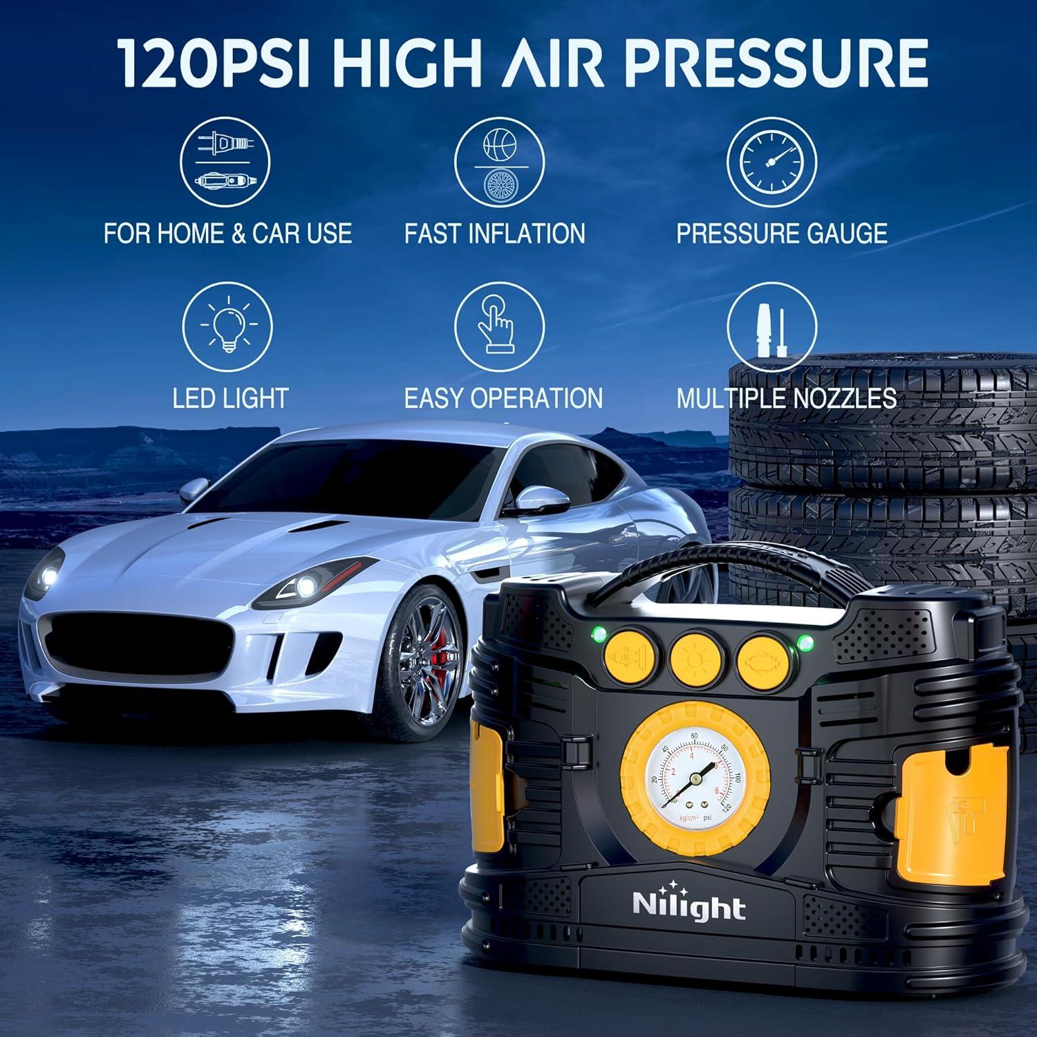imageNilight Tire Inflator Air Compressor Portable Pump for 12V DC Car Tires with Digital Pressure Gauge 150PSI Auto LED Light Cars ATVs BicyclesAcDc Air Compressor Pressure Gauge