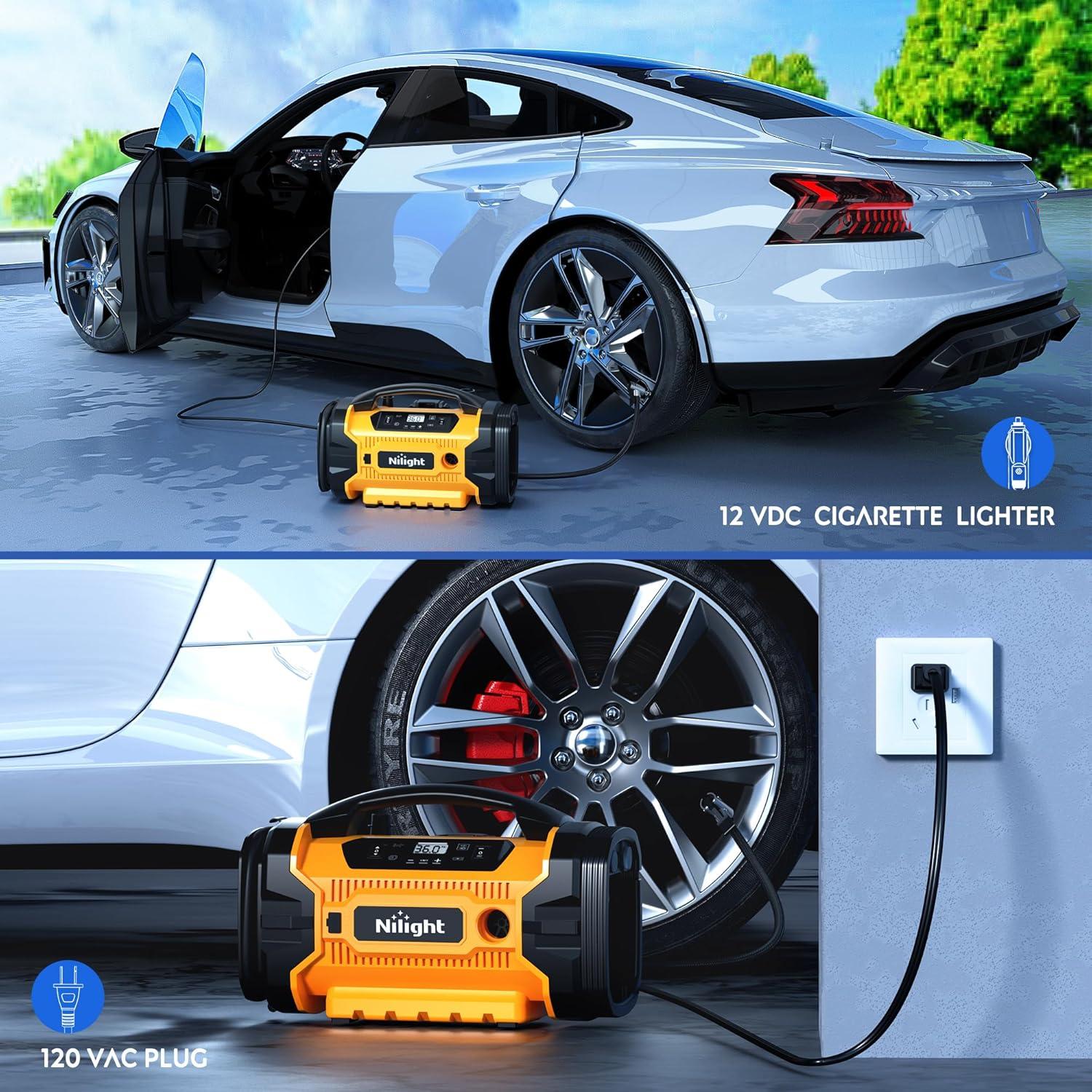 imageNilight Tire Inflator Air Compressor Portable Pump for 12V DC Car Tires with Digital Pressure Gauge 150PSI Auto LED Light Cars ATVs BicyclesAcDc Air Compressor Pump