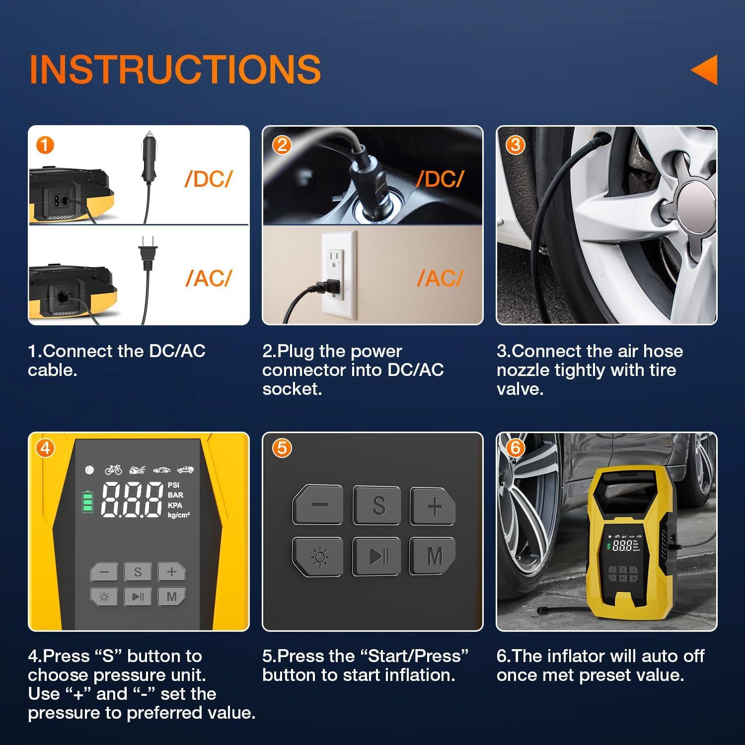 imageNilight Tire Inflator Air Compressor Portable Pump for 12V DC Car Tires with Digital Pressure Gauge 150PSI Auto LED Light Cars ATVs BicyclesAcDc Tire Inflator