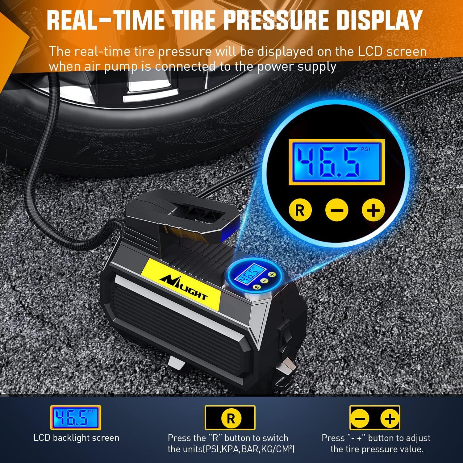 imageNilight Tire Inflator Air Compressor Portable Pump for 12V DC Car Tires with Digital Pressure Gauge 150PSI Auto LED Light Cars ATVs BicyclesAir Compressor Pump With Digital Gauge