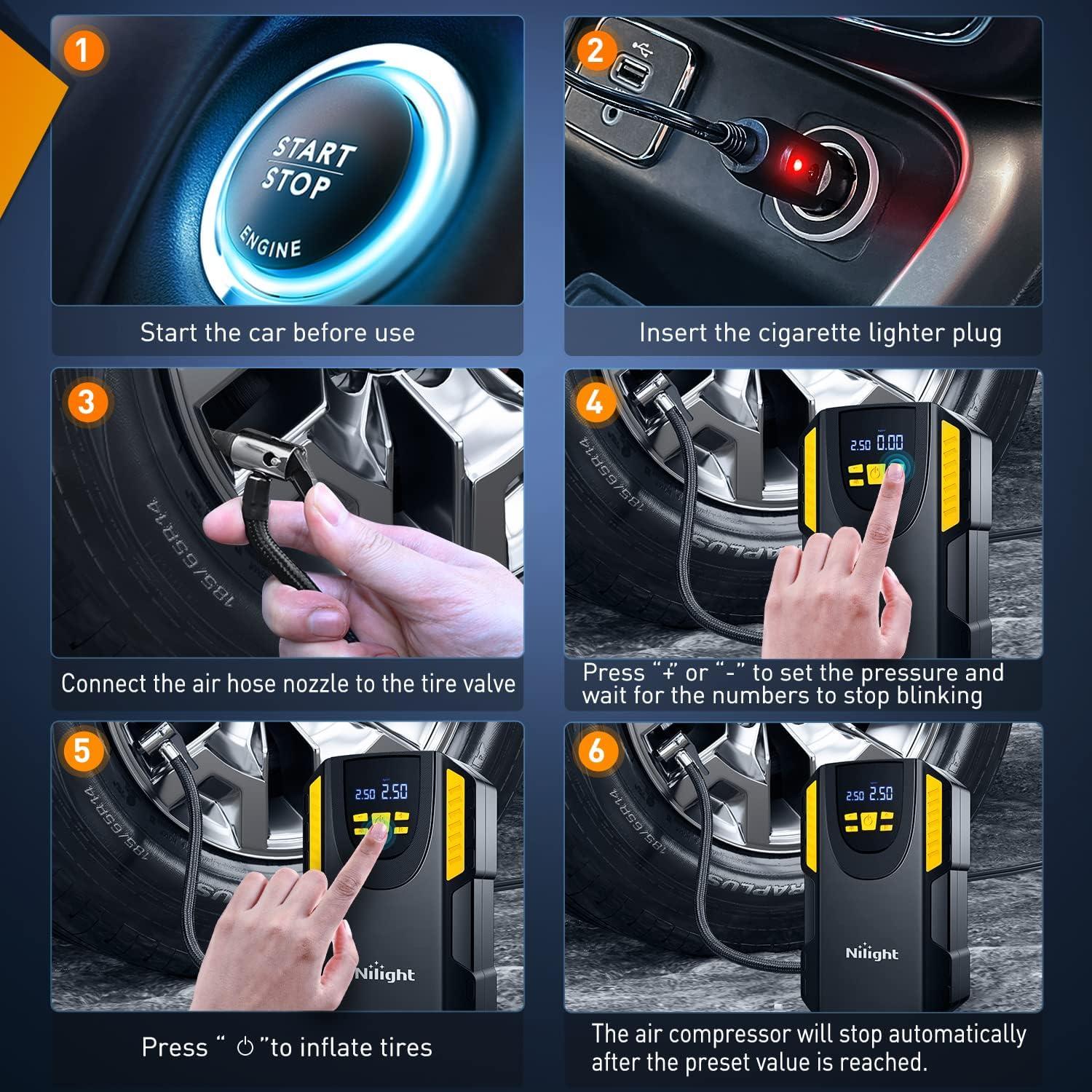 imageNilight Tire Inflator Air Compressor Portable Pump for 12V DC Car Tires with Digital Pressure Gauge 150PSI Auto LED Light Cars ATVs BicyclesAir Compressor Pump