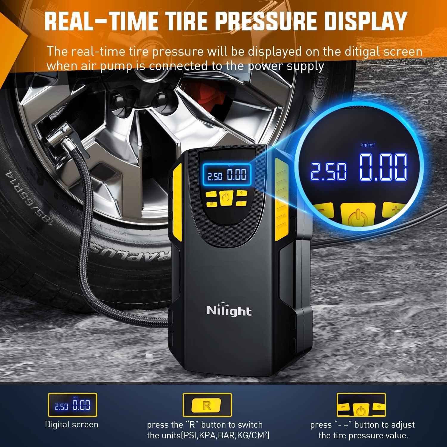 imageNilight Tire Inflator Air Compressor Portable Pump for 12V DC Car Tires with Digital Pressure Gauge 150PSI Auto LED Light Cars ATVs BicyclesAir Compressor Pump