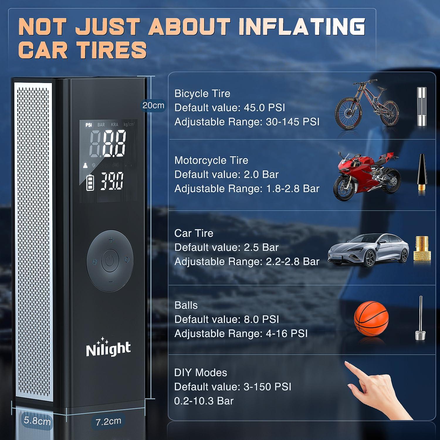 imageNilight Tire Inflator Air Compressor Portable Pump for 12V DC Car Tires with Digital Pressure Gauge 150PSI Auto LED Light Cars ATVs BicyclesCordless Air Compressor Pump