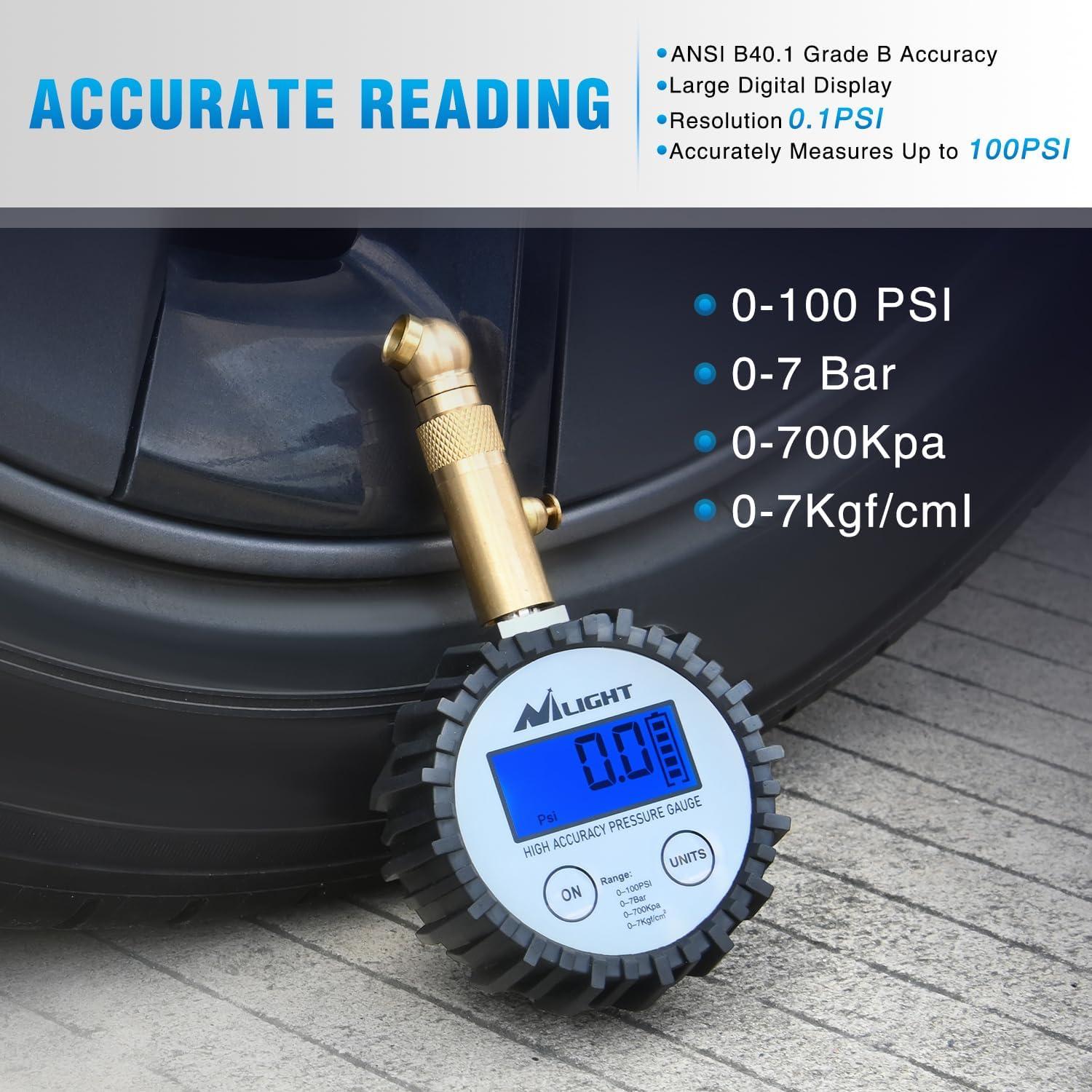 imageNilight Tire Inflator Air Compressor Portable Pump for 12V DC Car Tires with Digital Pressure Gauge 150PSI Auto LED Light Cars ATVs BicyclesDigital Tire Gauge