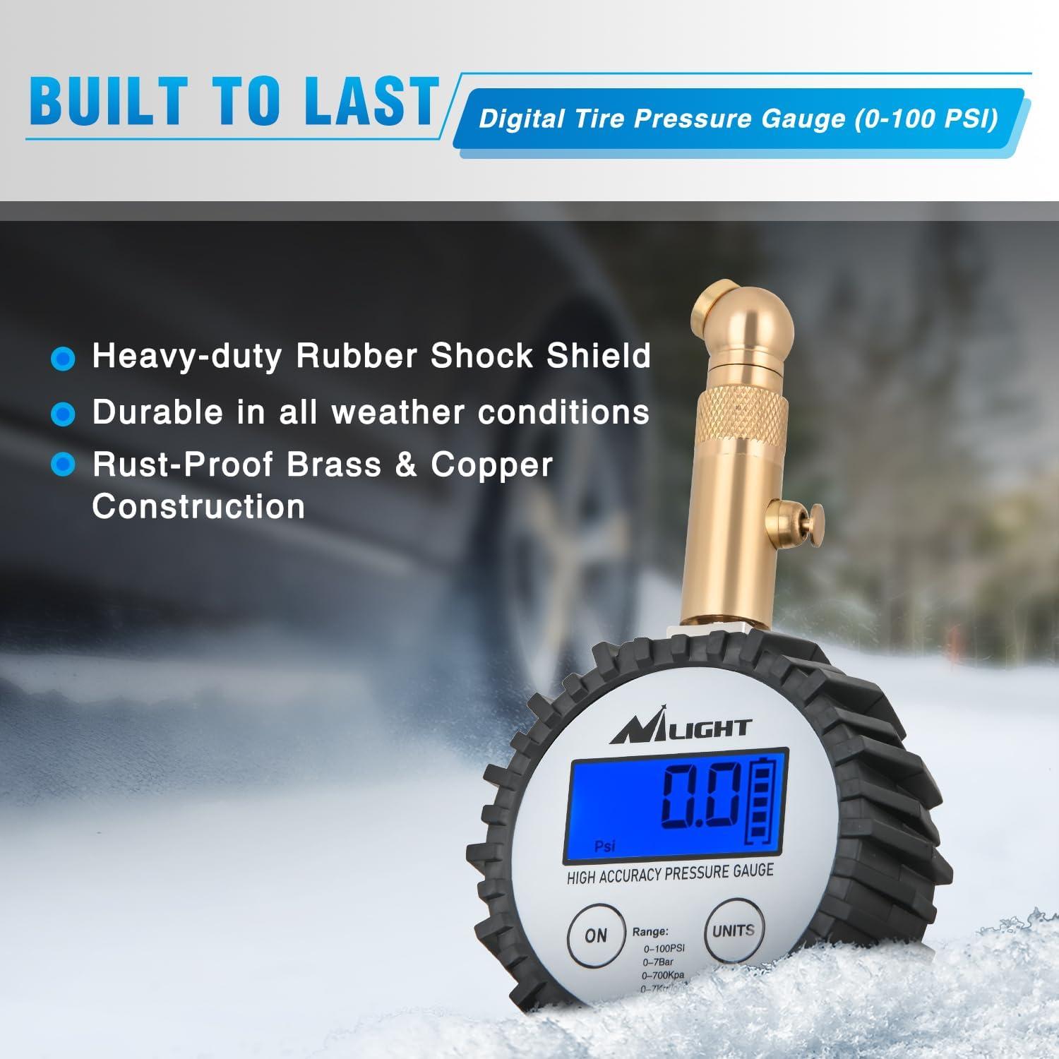 imageNilight Tire Inflator Air Compressor Portable Pump for 12V DC Car Tires with Digital Pressure Gauge 150PSI Auto LED Light Cars ATVs BicyclesDigital Tire Gauge