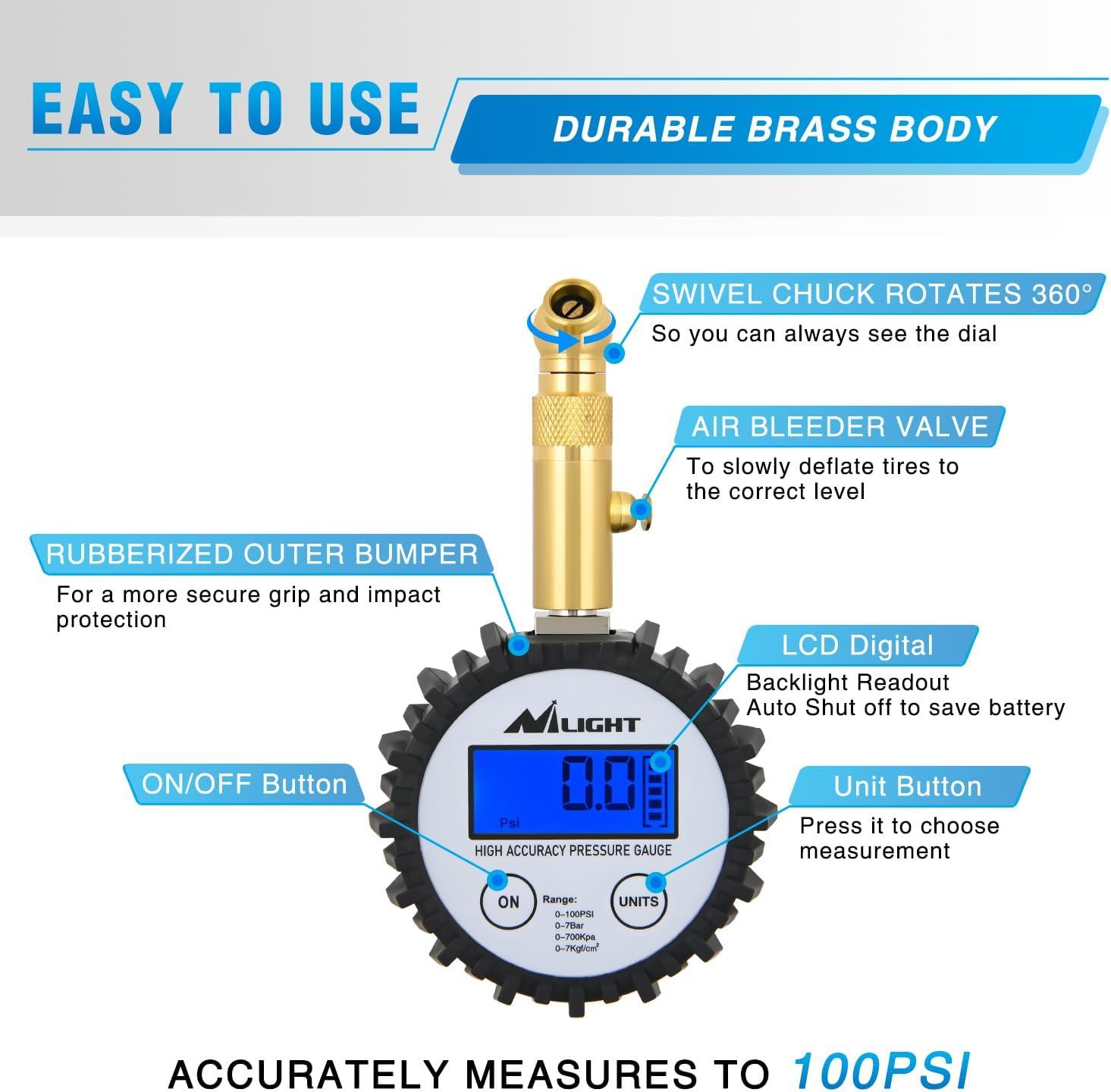 imageNilight Tire Inflator Air Compressor Portable Pump for 12V DC Car Tires with Digital Pressure Gauge 150PSI Auto LED Light Cars ATVs BicyclesDigital Tire Gauge