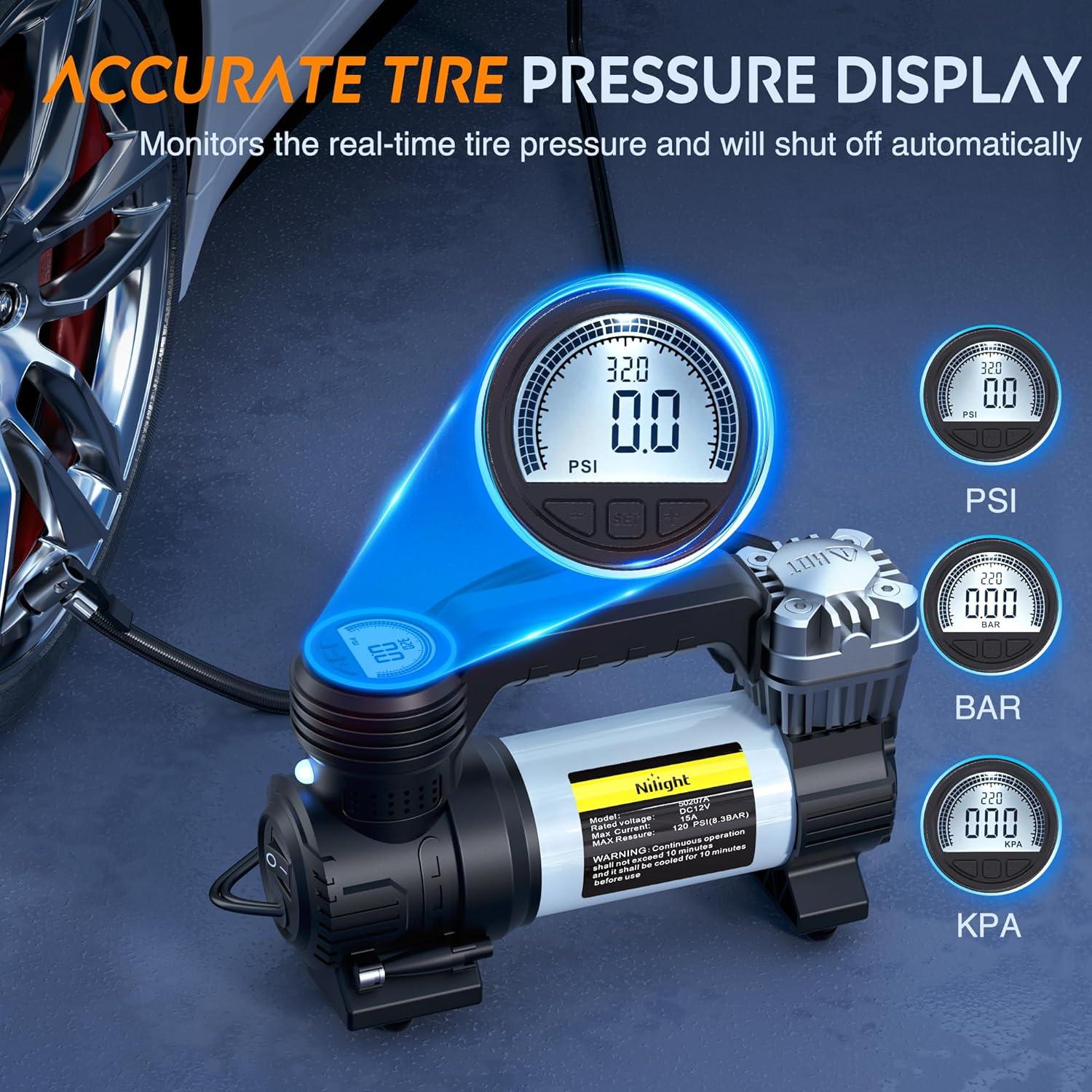 imageNilight Tire Inflator Air Compressor Portable Pump for 12V DC Car Tires with Digital Pressure Gauge 150PSI Auto LED Light Cars ATVs BicyclesDouble Cylinder Air Compressor Pump