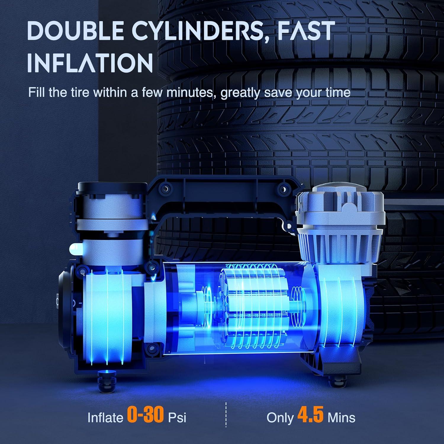 imageNilight Tire Inflator Air Compressor Portable Pump for 12V DC Car Tires with Digital Pressure Gauge 150PSI Auto LED Light Cars ATVs BicyclesDouble Cylinder Air Compressor Pump