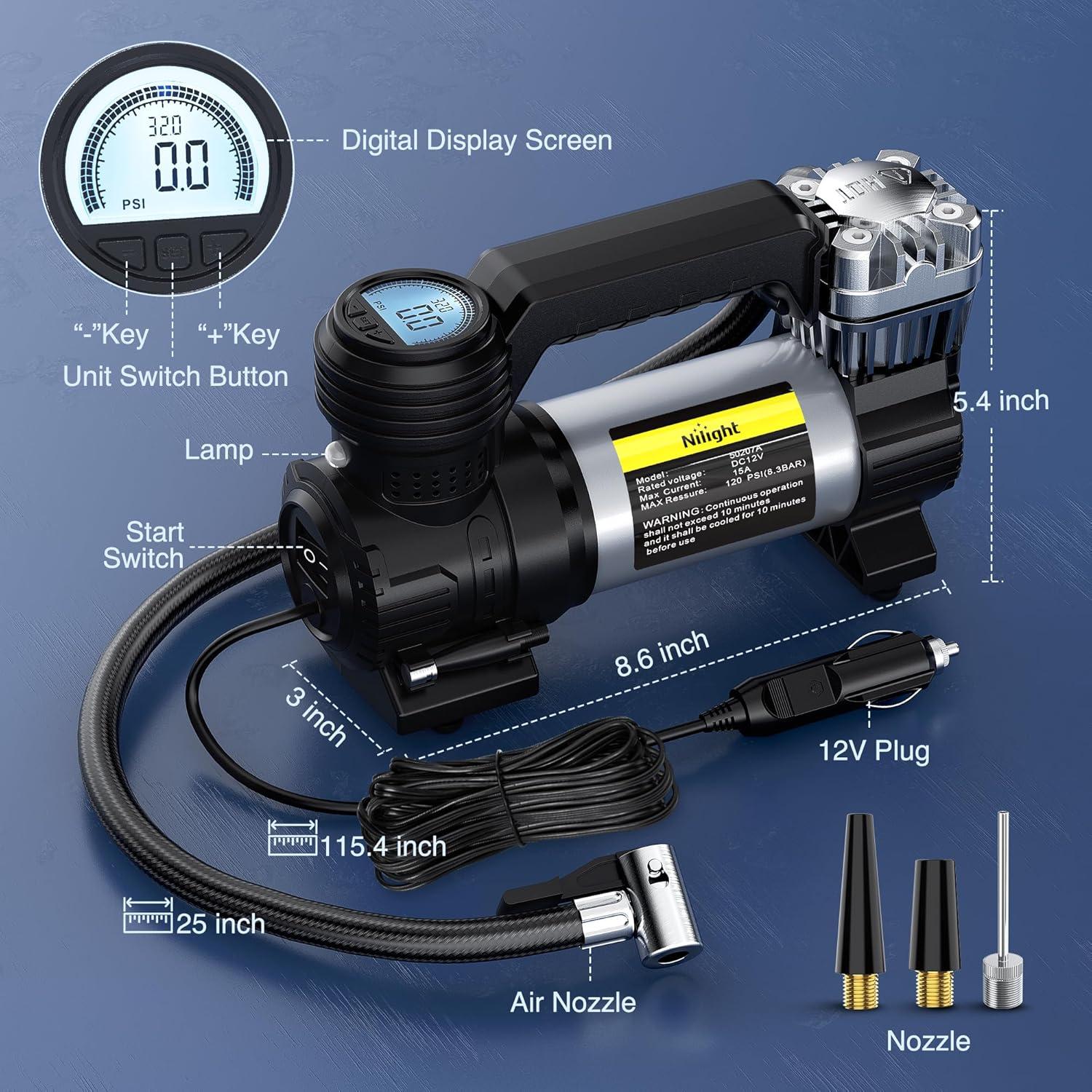 imageNilight Tire Inflator Air Compressor Portable Pump for 12V DC Car Tires with Digital Pressure Gauge 150PSI Auto LED Light Cars ATVs BicyclesDouble Cylinder Air Compressor Pump