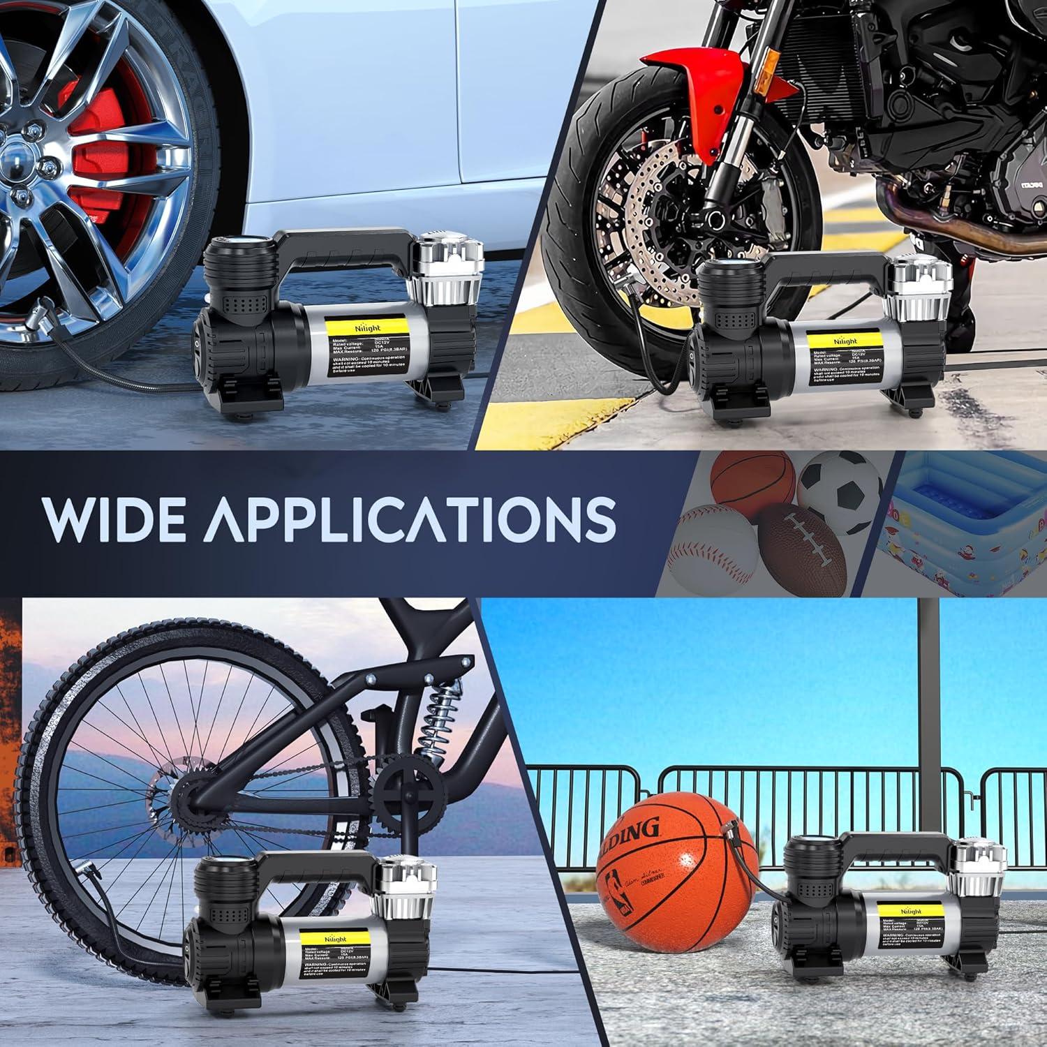 imageNilight Tire Inflator Air Compressor Portable Pump for 12V DC Car Tires with Digital Pressure Gauge 150PSI Auto LED Light Cars ATVs BicyclesDouble Cylinder Air Compressor Pump