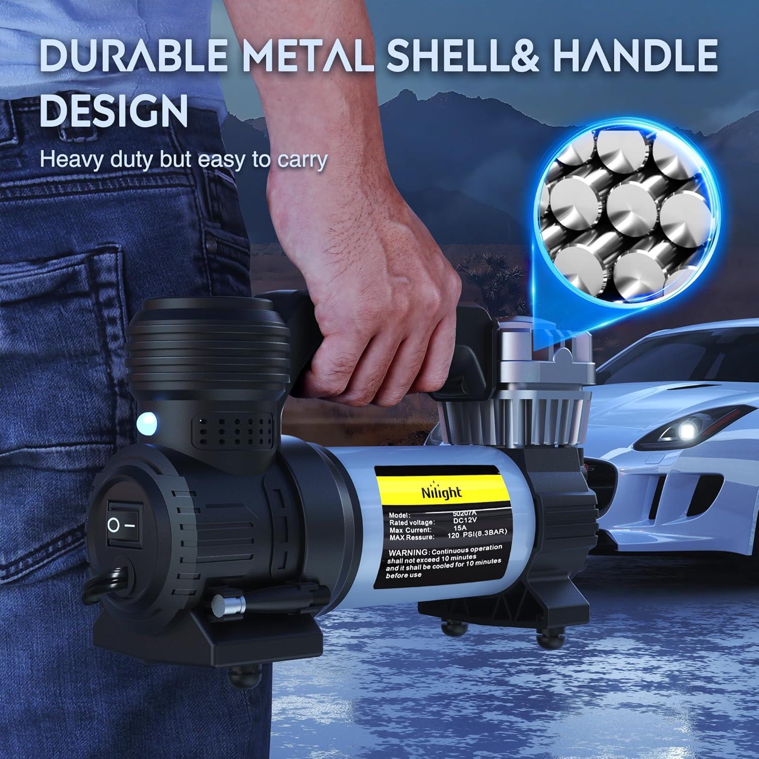 imageNilight Tire Inflator Air Compressor Portable Pump for 12V DC Car Tires with Digital Pressure Gauge 150PSI Auto LED Light Cars ATVs BicyclesDouble Cylinder Air Compressor Pump