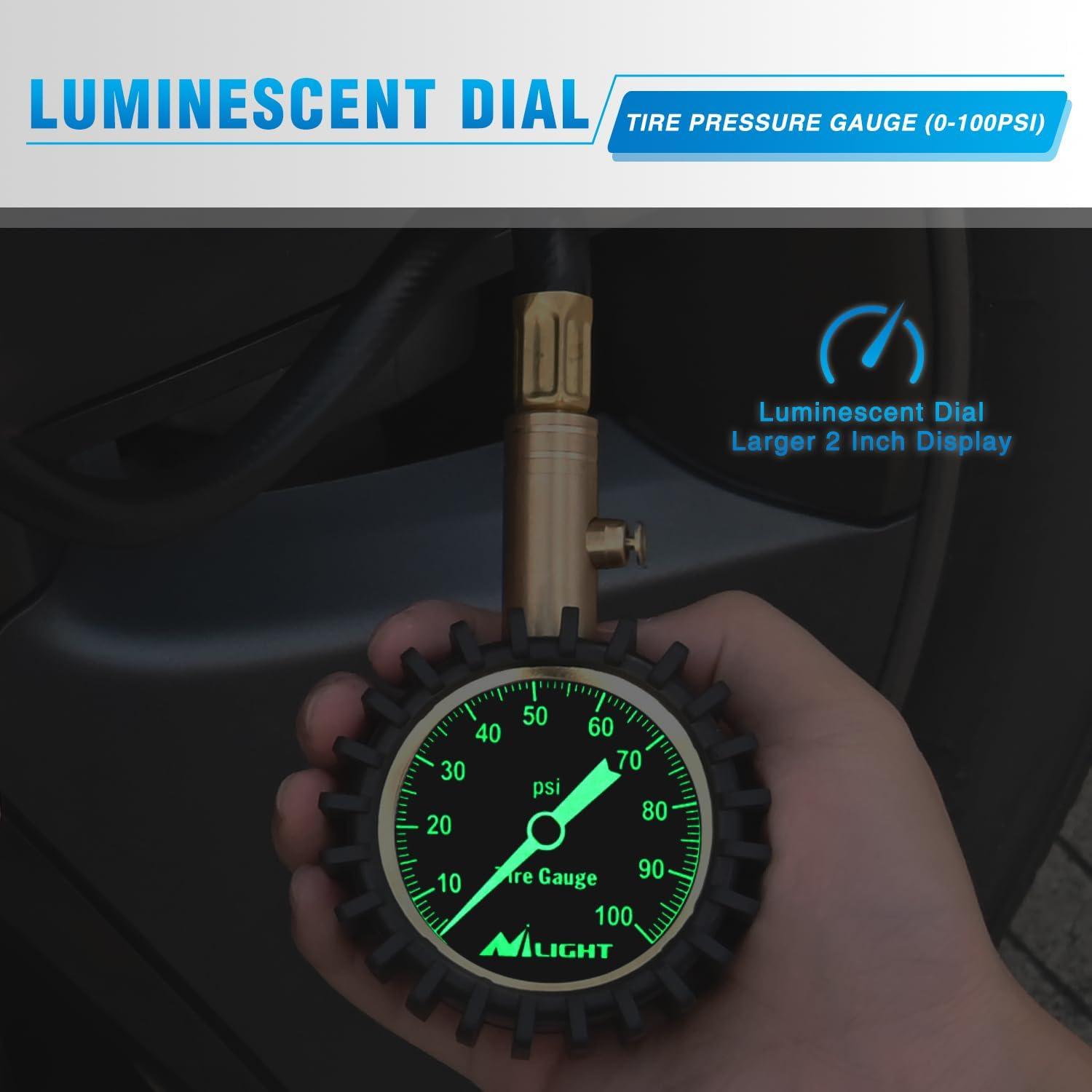 imageNilight Tire Inflator Air Compressor Portable Pump for 12V DC Car Tires with Digital Pressure Gauge 150PSI Auto LED Light Cars ATVs BicyclesNight Glow Tire Gauge