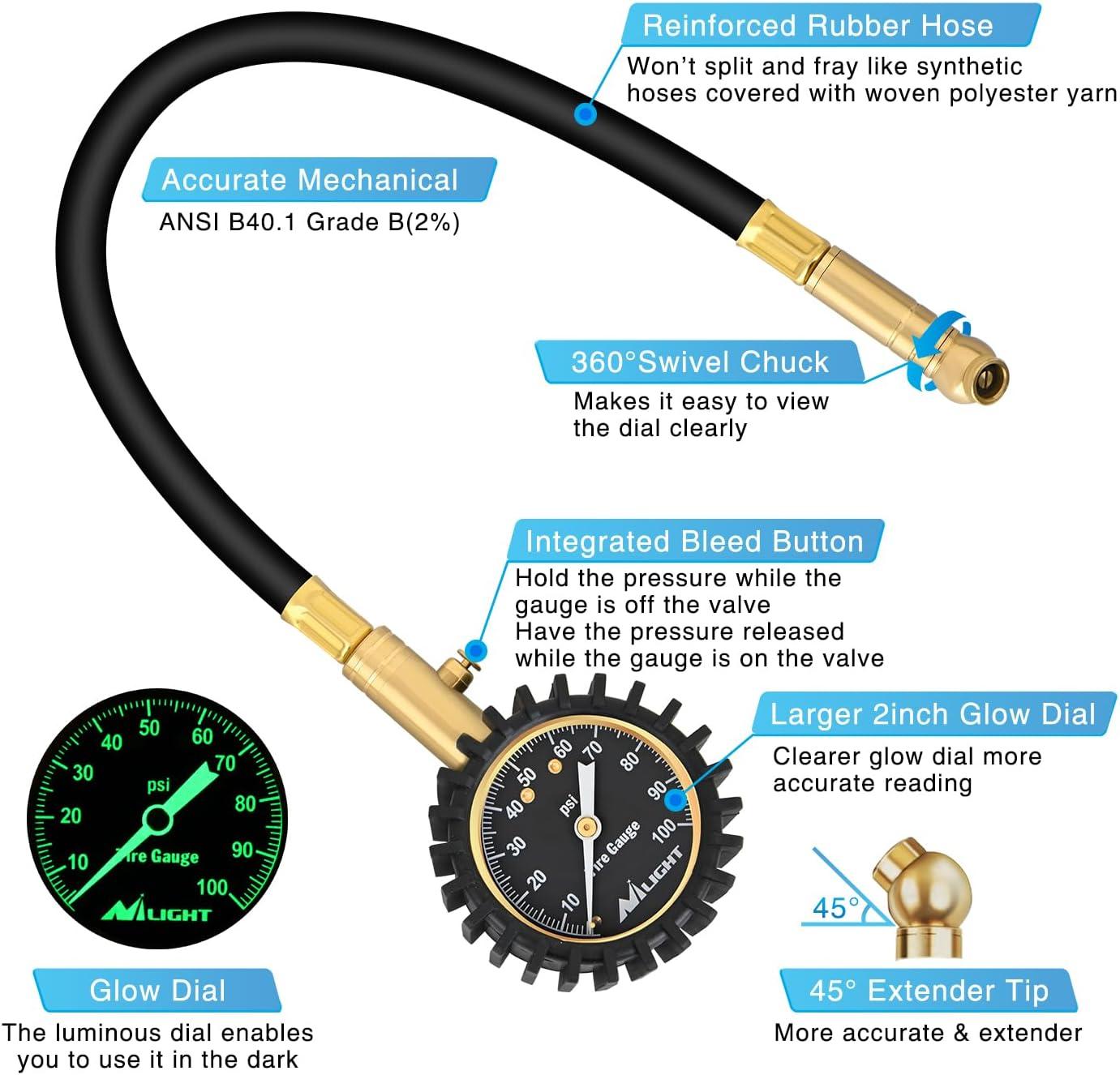 imageNilight Tire Inflator Air Compressor Portable Pump for 12V DC Car Tires with Digital Pressure Gauge 150PSI Auto LED Light Cars ATVs BicyclesNight Glow Tire Gauge