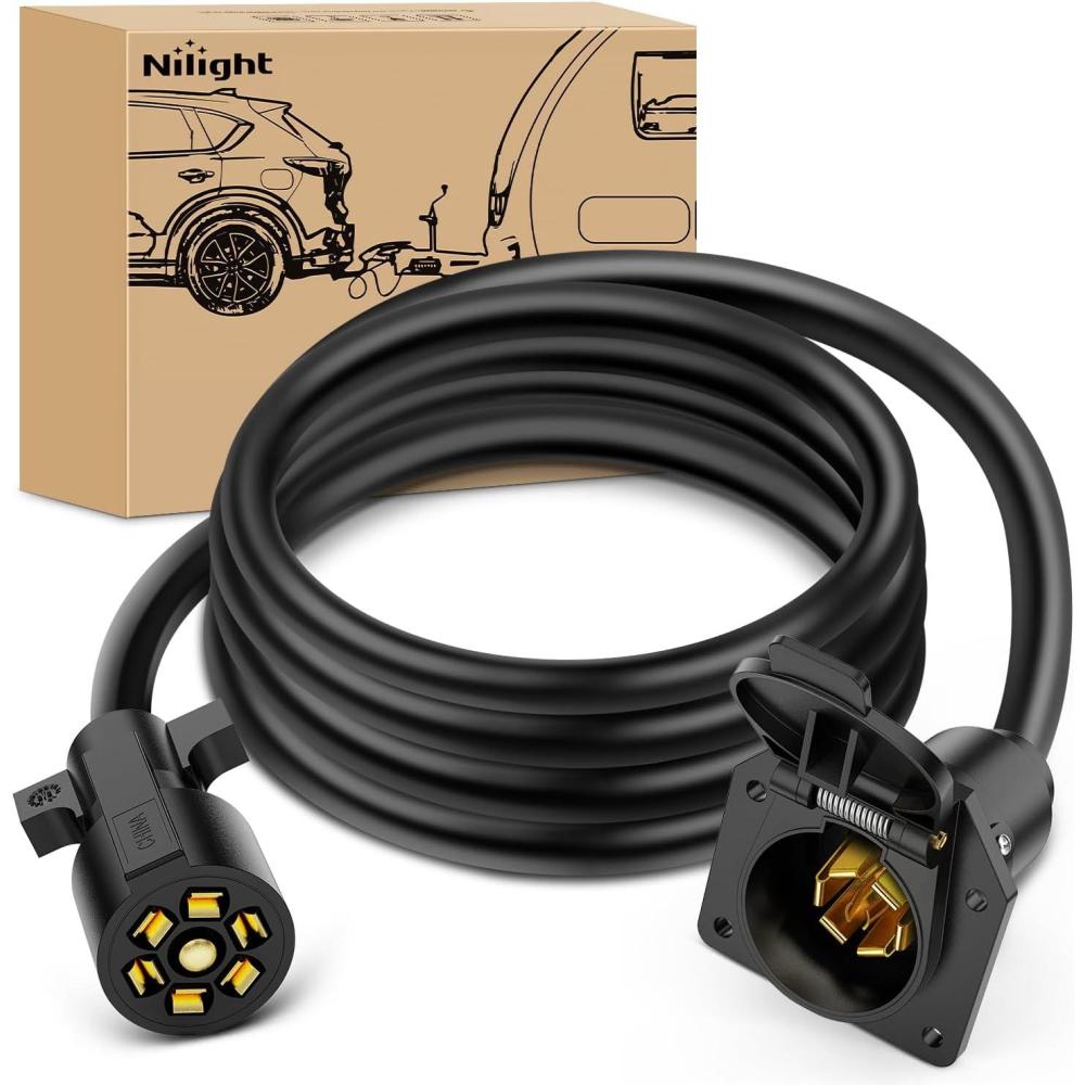 imageNilight  50050R 7Way Trailer Plug Socket Extension Cable 3FT Long 1014 AWG DoubleProng Copper TerminalsWires for 7Blade Trailer Wiring Connector Cord 2 Years Warranty8FT Trailer Extension Cord