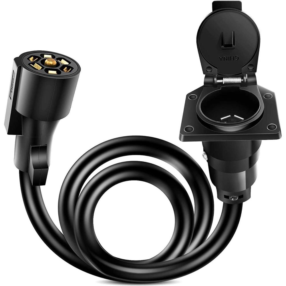 imageNilight  50050R 7Way Trailer Plug Socket Extension Cable 3FT Long 1014 AWG DoubleProng Copper TerminalsWires for 7Blade Trailer Wiring Connector Cord 2 Years Warranty3FT Trailer Extension Cord