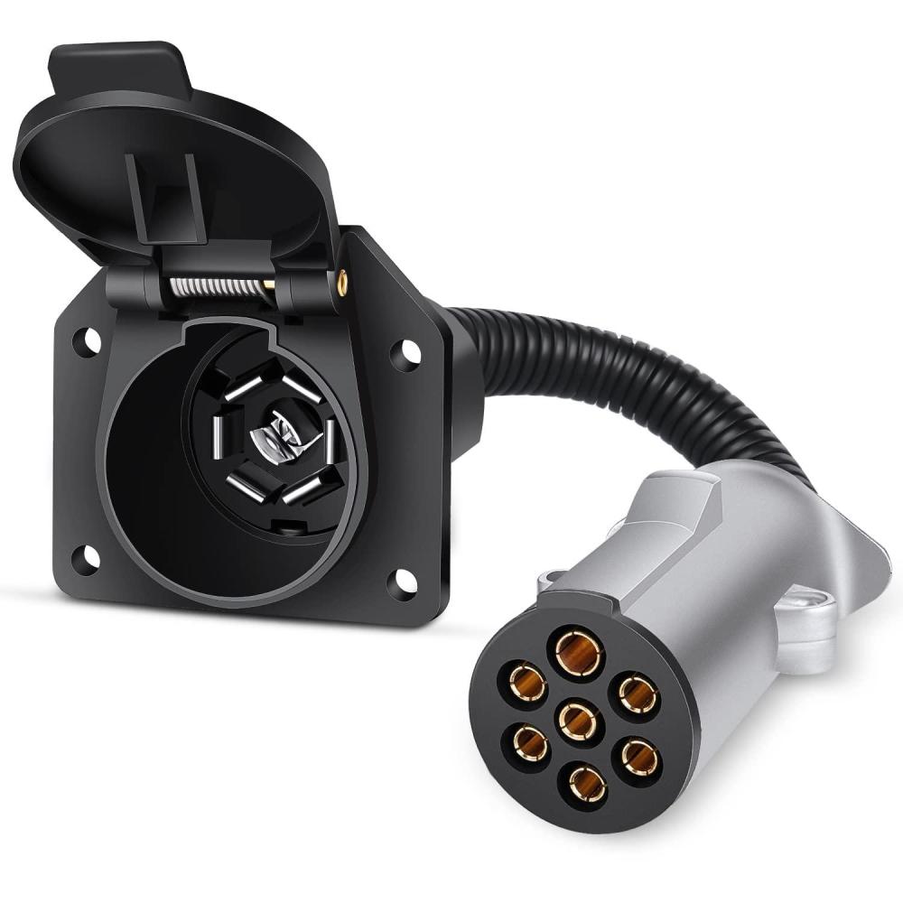 imageNilight 4Way Flat to 7Way Round RV Blade Adapter Plug 4 Pin to 7 Pin Vehicle Side Trailer Light Adapter with Extra Output Wire Tow Hitch Wire Adapter 7 Way Car End with mounting Bracket7Pin to 7Way RV Trailer Adapter