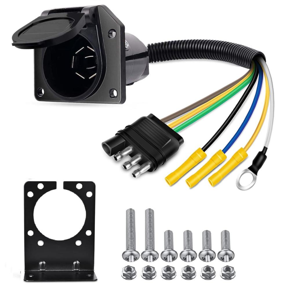 imageNilight 4Way Flat to 7Way Round RV Blade Adapter Plug 4 Pin to 7 Pin Vehicle Side Trailer Light Adapter with Extra Output Wire Tow Hitch Wire Adapter 7 Way Car End with mounting Bracket4Way to 7Way Trailer Adapter