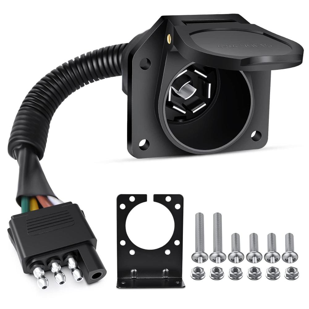 imageNilight 4Way Flat to 7Way Round RV Blade Adapter Plug 4 Pin to 7 Pin Vehicle Side Trailer Light Adapter with Extra Output Wire Tow Hitch Wire Adapter 7 Way Car End with mounting Bracket4Way to 7Way Adapter