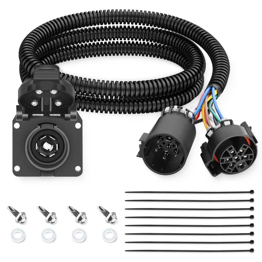 imageNilight 4Way Flat to 7Way Round RV Blade Adapter Plug 4 Pin to 7 Pin Vehicle Side Trailer Light Adapter with Extra Output Wire Tow Hitch Wire Adapter 7 Way Car End with mounting BracketUSCAR 7Pin to RV 7Pin Trailer Harness