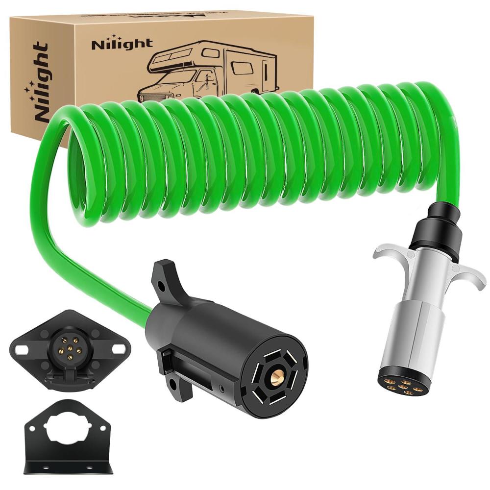 imageNilight 4Way Flat to 7Way Round RV Blade Adapter Plug 4 Pin to 7 Pin Vehicle Side Trailer Light Adapter with Extra Output Wire Tow Hitch Wire Adapter 7 Way Car End with mounting BracketGreen 7 Pin to 6 Pin Trailer Wiring Harness