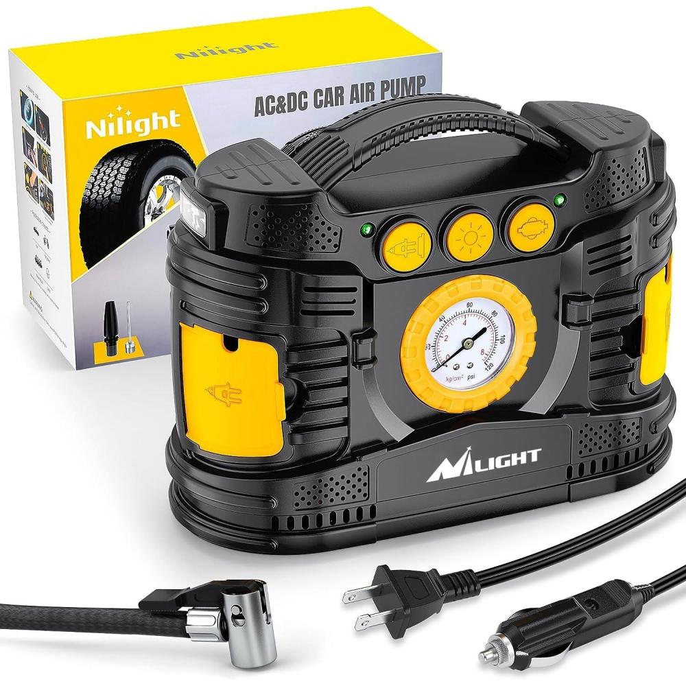 imageNilight Tire Inflator Air Compressor Portable Pump for 12V DC Car Tires with Digital Pressure Gauge 150PSI Auto LED Light Cars ATVs BicyclesAcDc Air Compressor Pressure Gauge