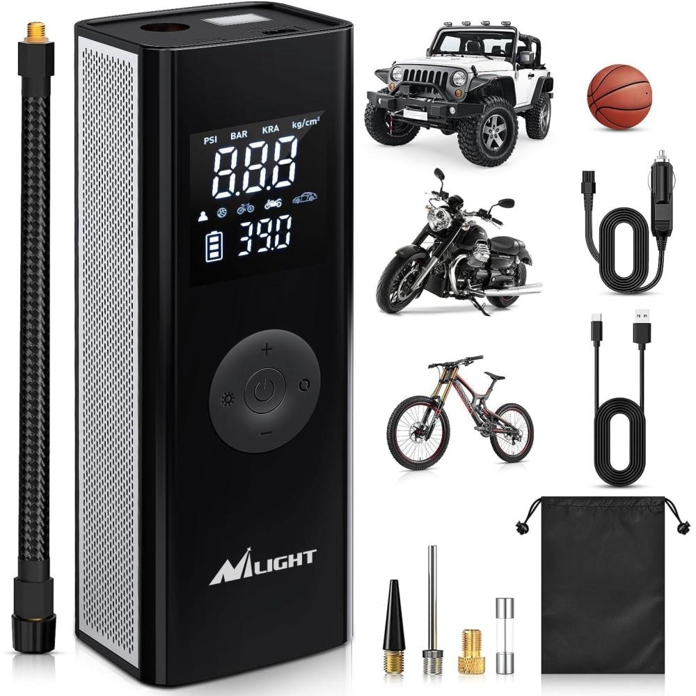 imageNilight Tire Inflator Air Compressor Portable Pump for 12V DC Car Tires with Digital Pressure Gauge 150PSI Auto LED Light Cars ATVs BicyclesCordless Air Compressor Pump