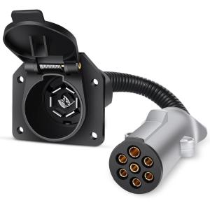 imageNilight 4Way Flat to 7Way Round RV Blade Adapter Plug 4 Pin to 7 Pin Vehicle Side Trailer Light Adapter with Extra Output Wire Tow Hitch Wire Adapter 7 Way Car End with mounting Bracket7Pin to 7Way RV Trailer Adapter