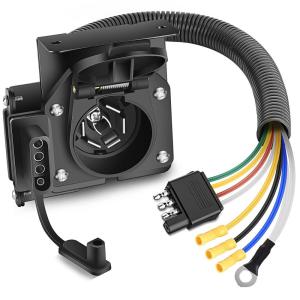 imageNilight 4Way Flat to 7Way Round RV Blade Adapter Plug 4 Pin to 7 Pin Vehicle Side Trailer Light Adapter with Extra Output Wire Tow Hitch Wire Adapter 7 Way Car End with mounting BracketDual Output 4 Way to 7 Way Trailer Adapter