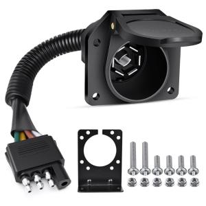 imageNilight 4Way Flat to 7Way Round RV Blade Adapter Plug 4 Pin to 7 Pin Vehicle Side Trailer Light Adapter with Extra Output Wire Tow Hitch Wire Adapter 7 Way Car End with mounting Bracket4Way to 7Way Adapter