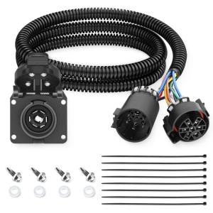 imageNilight 4Way Flat to 7Way Round RV Blade Adapter Plug 4 Pin to 7 Pin Vehicle Side Trailer Light Adapter with Extra Output Wire Tow Hitch Wire Adapter 7 Way Car End with mounting BracketUSCAR 7Pin to RV 7Pin Trailer Harness