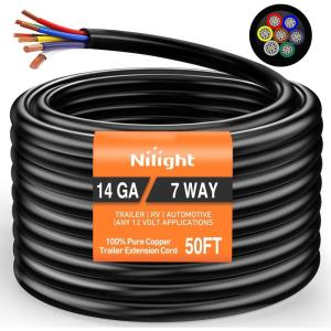 imageNilight 50049R 7Way 8 Feet Heavy Duty 7 Way Plug Inline Trailer Cord for Truck Camper Blade Molded RV Cable Wire Weatherproof ampamp Corrosion Resistant8FT2 Years WarrantyTraditional SAE Trailer Cord 50FT