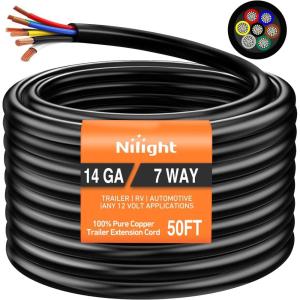 imageNilight 50049R 7Way 8 Feet Heavy Duty 7 Way Plug Inline Trailer Cord for Truck Camper Blade Molded RV Cable Wire Weatherproof ampamp Corrosion Resistant8FT2 Years WarrantyRV Standard Trailer Cord 50FT