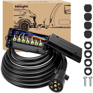 imageNilight Heavy Duty 7 Way Inline Trailer Plug 8 Feet Connector Cable 7Pin RV Round Extension Wiring Harness Weatherproof Junction Box for RV Towing Car16FT Trailer Wiring Harness