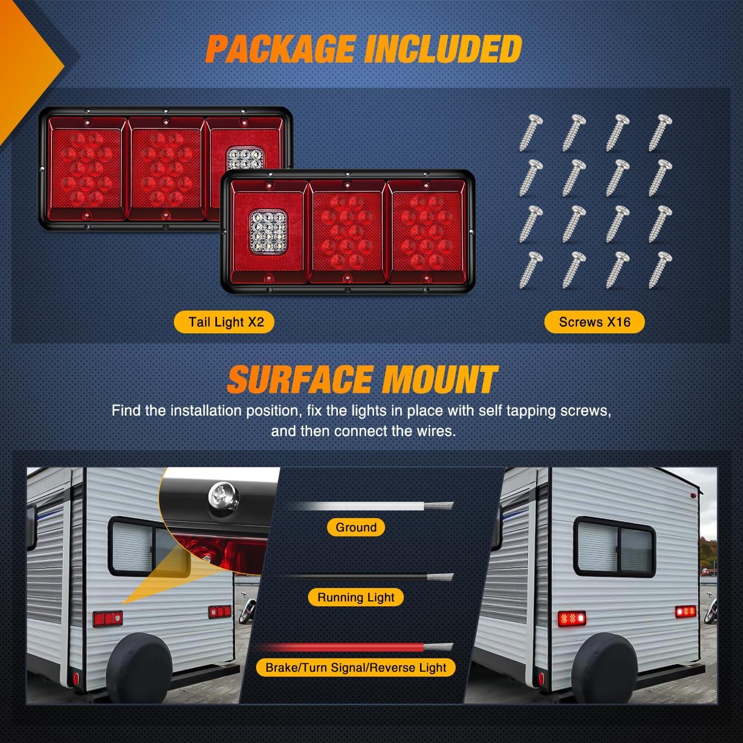 imageNilight RV Tail Light 2PCS 72 LED Red Running Stop Brake Turn Signals White License Plate Lights Surface Mount Waterproof Taillights for Caravan Camper VanTriple Tail Light 36LED