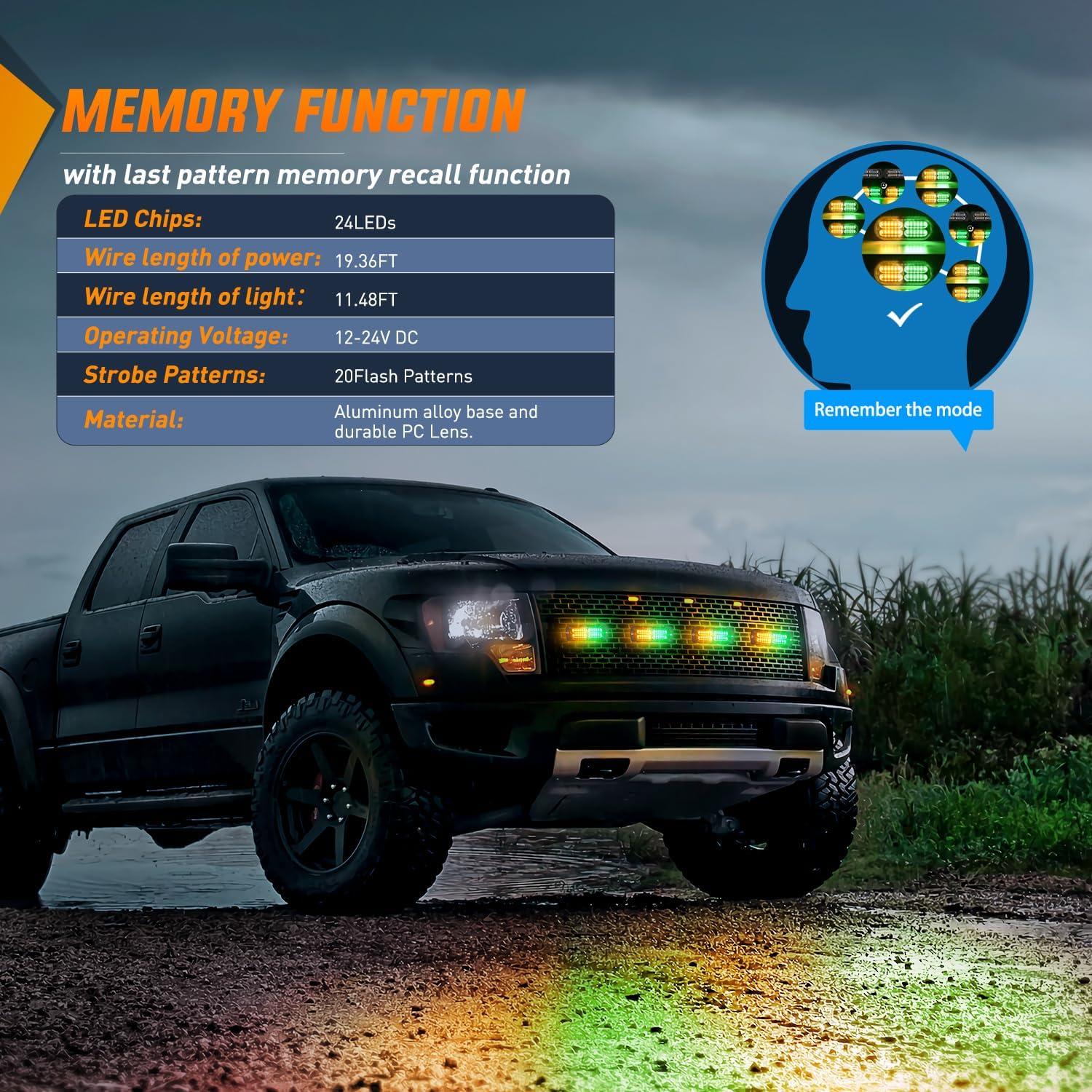 imageNilight 4PCS LED Strobe lights 12V 24V Sync Feature Amber Green 24LED Emergency Hazard Warning Lights with Controller Hard Wire or Cigarette Lighter Plug for Car Truck RVs CampersAmber Green