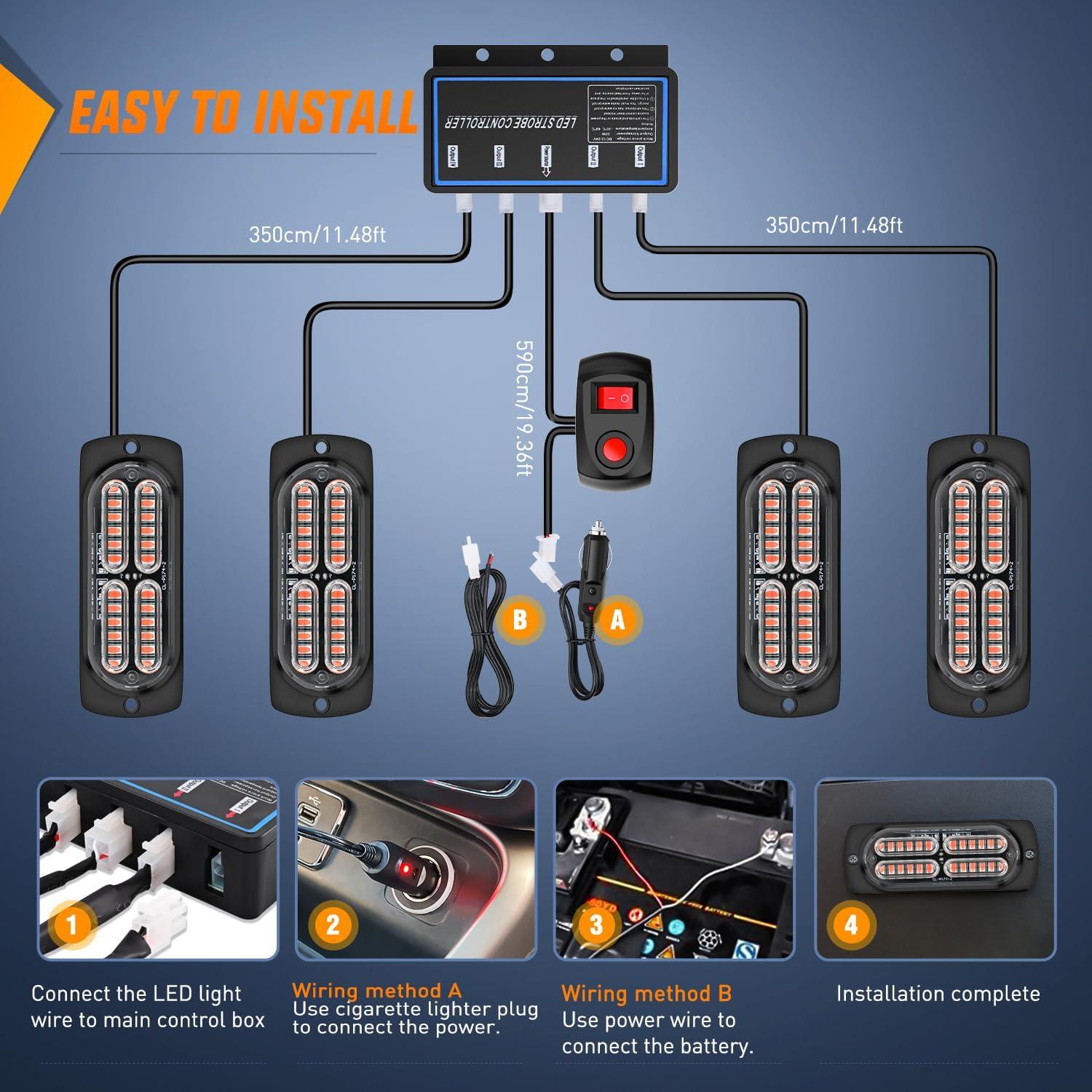 imageNilight 4PCS LED Strobe lights 12V 24V Sync Feature Amber Green 24LED Emergency Hazard Warning Lights with Controller Hard Wire or Cigarette Lighter Plug for Car Truck RVs CampersRed