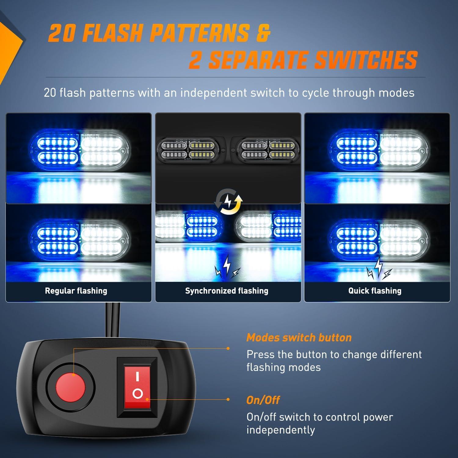 imageNilight 4PCS LED Strobe lights 12V 24V Sync Feature Amber Green 24LED Emergency Hazard Warning Lights with Controller Hard Wire or Cigarette Lighter Plug for Car Truck RVs CampersBlue White