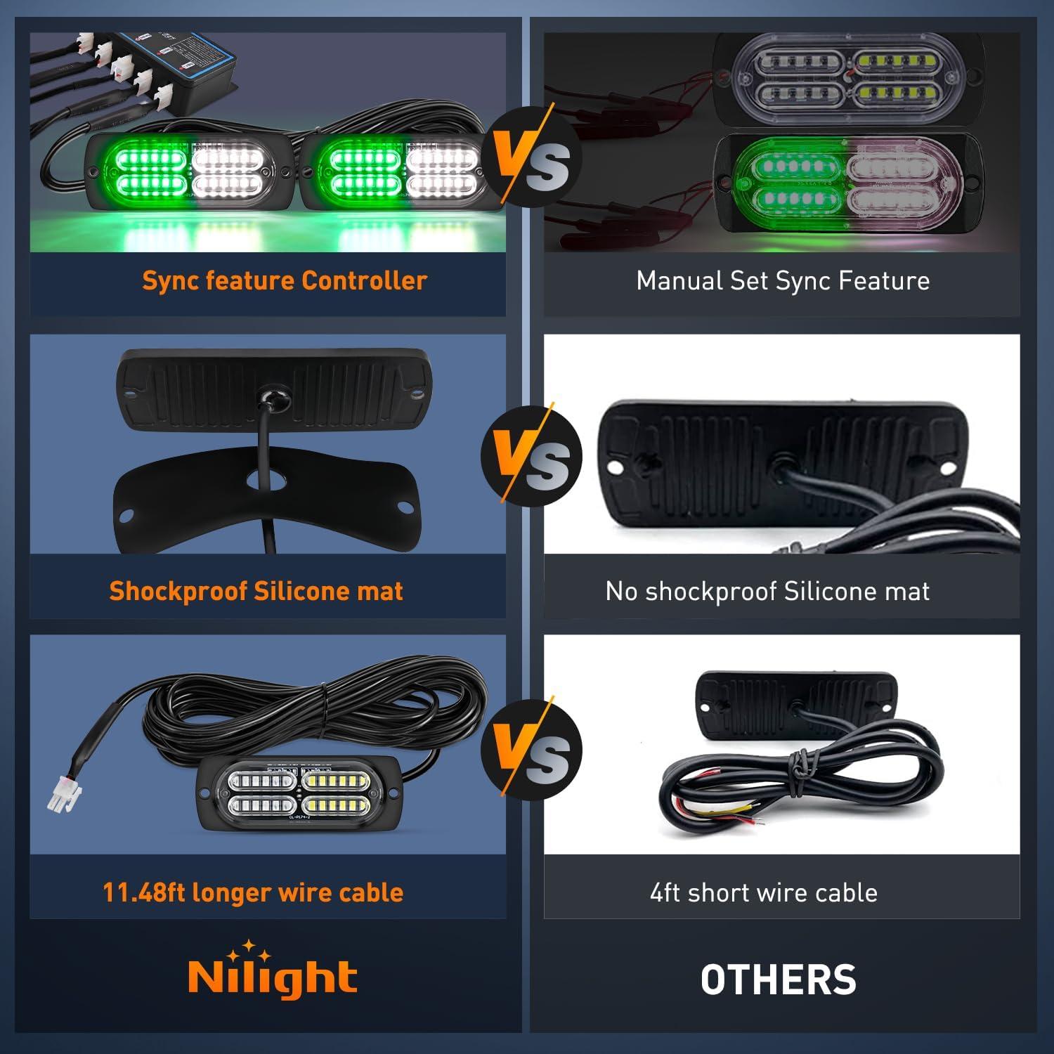 imageNilight 4PCS LED Strobe lights 12V 24V Sync Feature Amber Green 24LED Emergency Hazard Warning Lights with Controller Hard Wire or Cigarette Lighter Plug for Car Truck RVs CampersGreen White