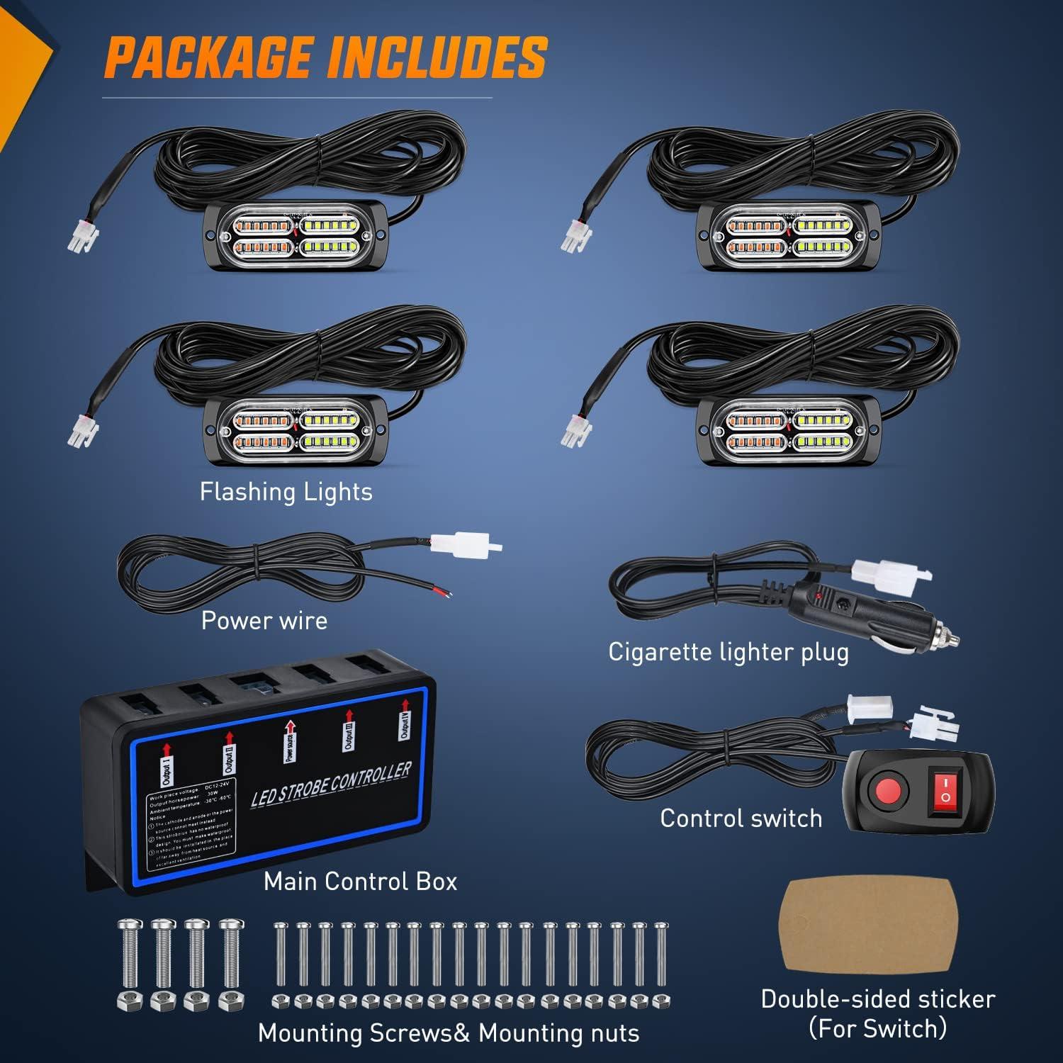 imageNilight 4PCS LED Strobe lights 12V 24V Sync Feature Amber Green 24LED Emergency Hazard Warning Lights with Controller Hard Wire or Cigarette Lighter Plug for Car Truck RVs CampersAmberWhite Lights wController 4Pcs