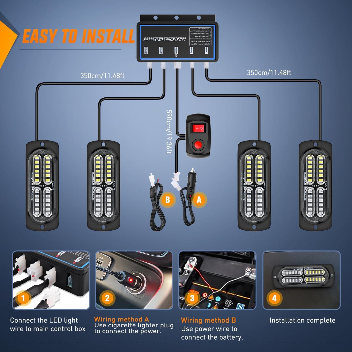 imageNilight 4PCS LED Strobe lights 12V 24V Sync Feature Amber Green 24LED Emergency Hazard Warning Lights with Controller Hard Wire or Cigarette Lighter Plug for Car Truck RVs CampersGreen White