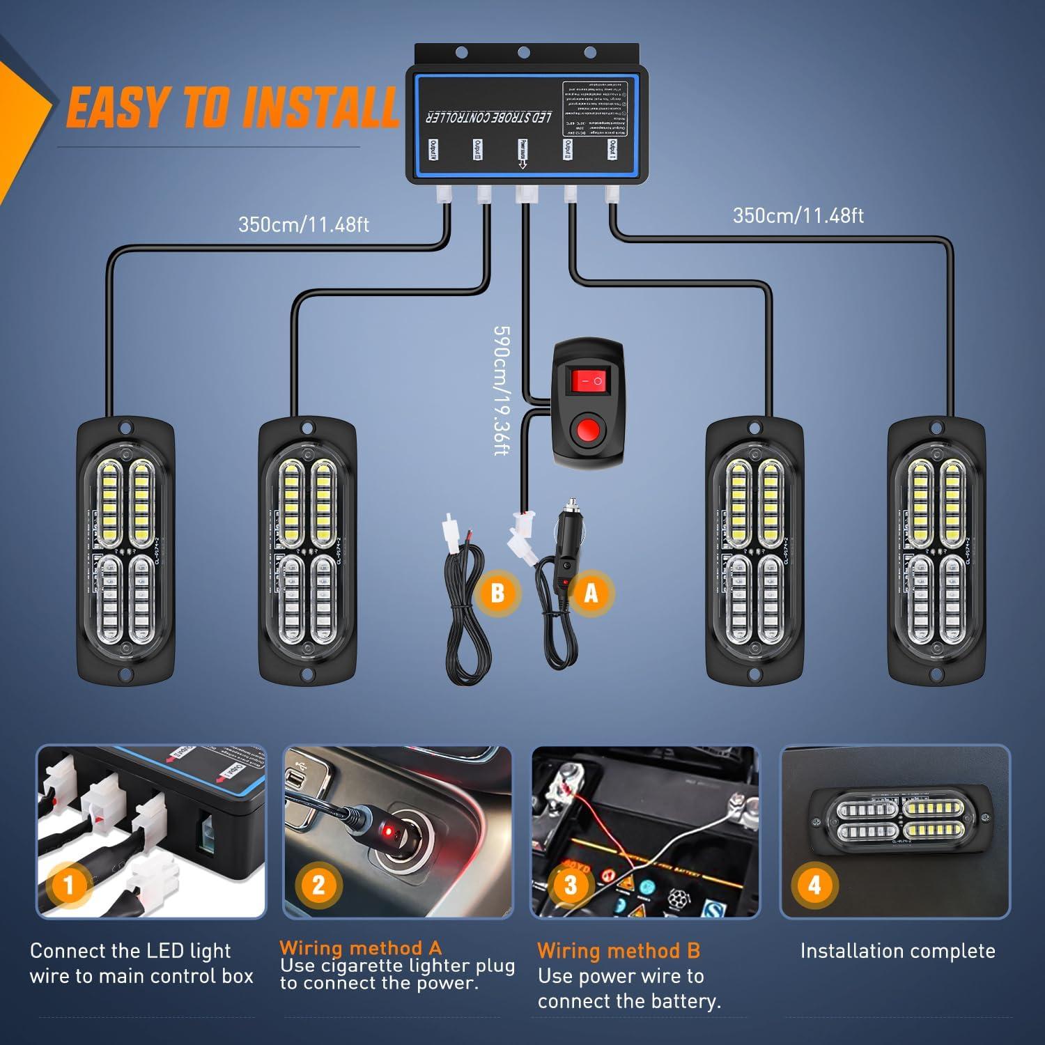 imageNilight 4PCS LED Strobe lights 12V 24V Sync Feature Amber Green 24LED Emergency Hazard Warning Lights with Controller Hard Wire or Cigarette Lighter Plug for Car Truck RVs CampersBlue White