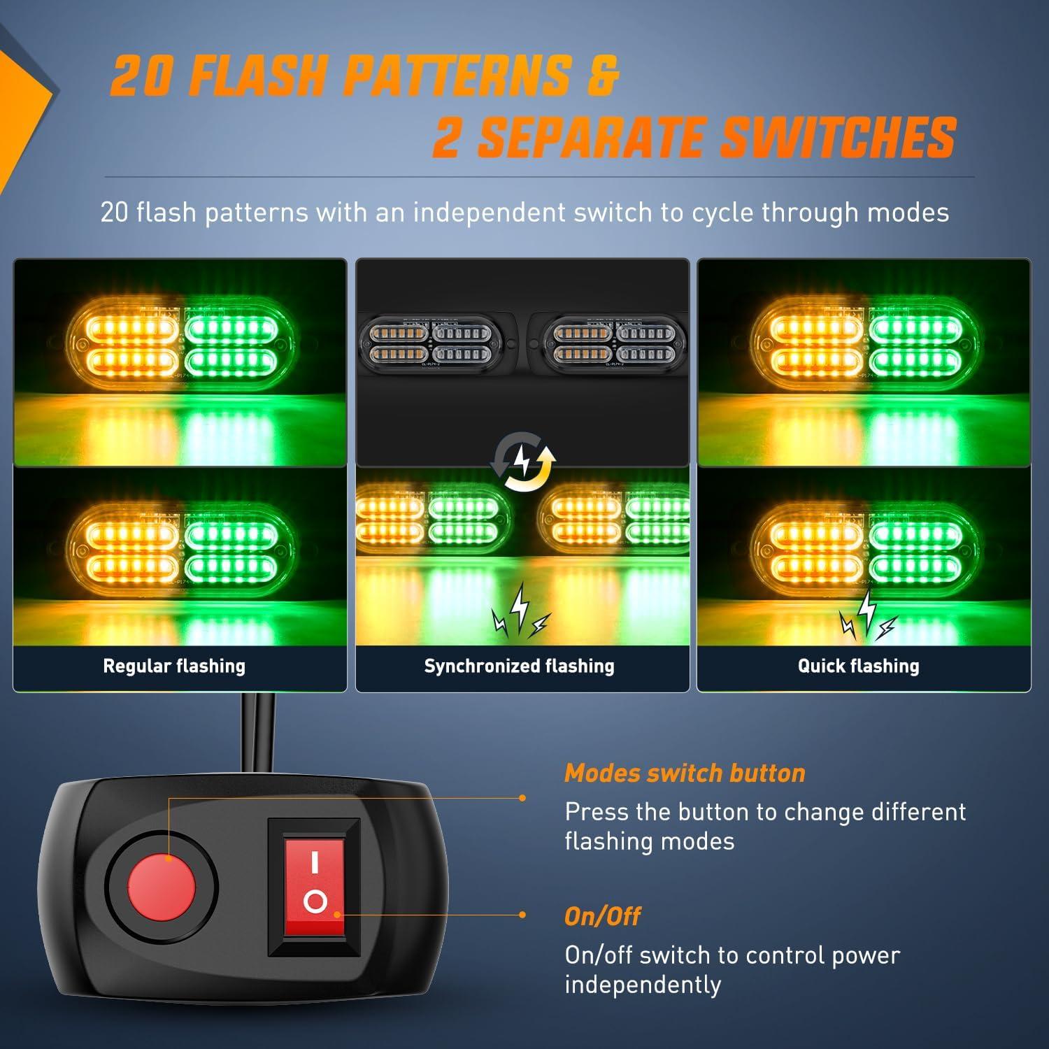 imageNilight 4PCS LED Strobe lights 12V 24V Sync Feature Amber Green 24LED Emergency Hazard Warning Lights with Controller Hard Wire or Cigarette Lighter Plug for Car Truck RVs CampersAmber Green