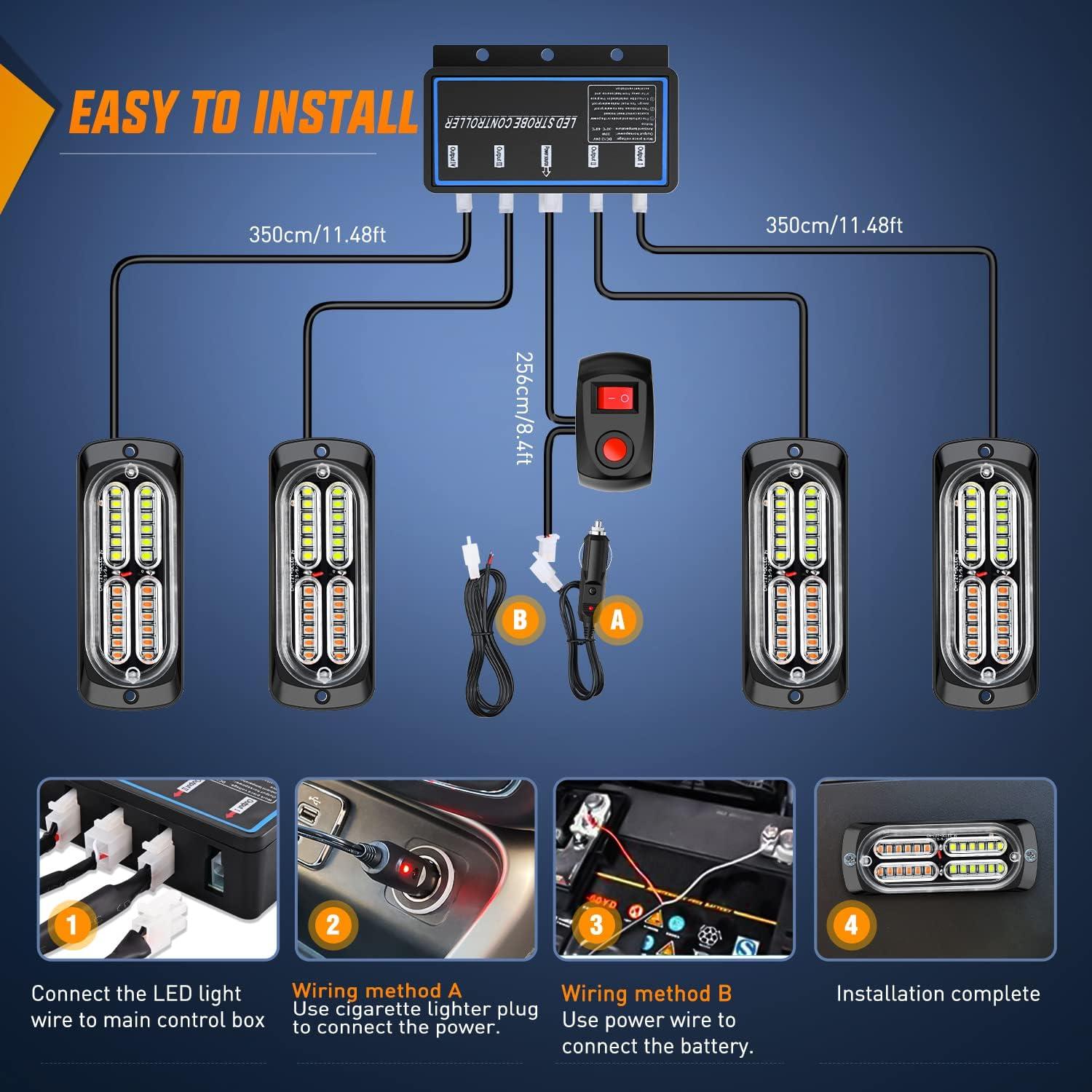 imageNilight 4PCS LED Strobe lights 12V 24V Sync Feature Amber Green 24LED Emergency Hazard Warning Lights with Controller Hard Wire or Cigarette Lighter Plug for Car Truck RVs CampersAmberWhite Lights wController 4Pcs