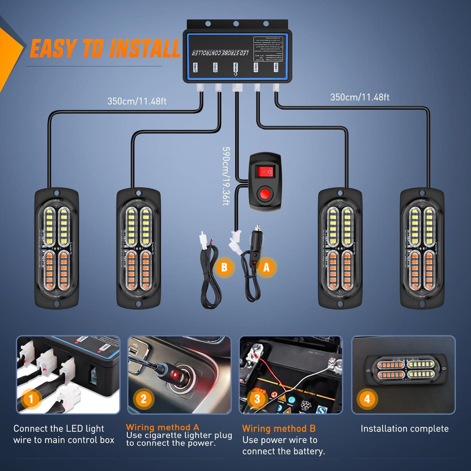 imageNilight 4PCS LED Strobe lights 12V 24V Sync Feature Amber Green 24LED Emergency Hazard Warning Lights with Controller Hard Wire or Cigarette Lighter Plug for Car Truck RVs CampersRed White