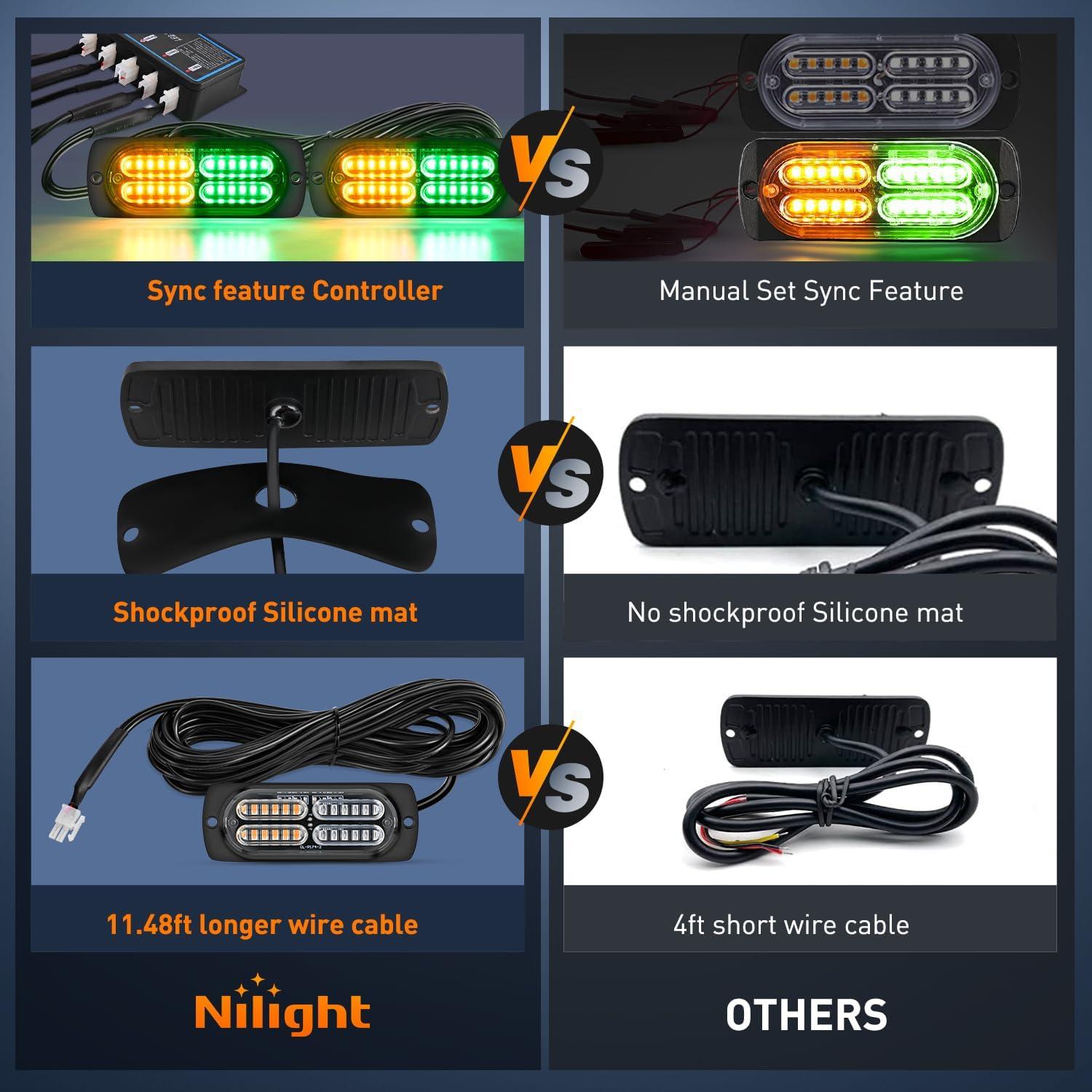 imageNilight 4PCS LED Strobe lights 12V 24V Sync Feature Amber Green 24LED Emergency Hazard Warning Lights with Controller Hard Wire or Cigarette Lighter Plug for Car Truck RVs CampersAmber Green