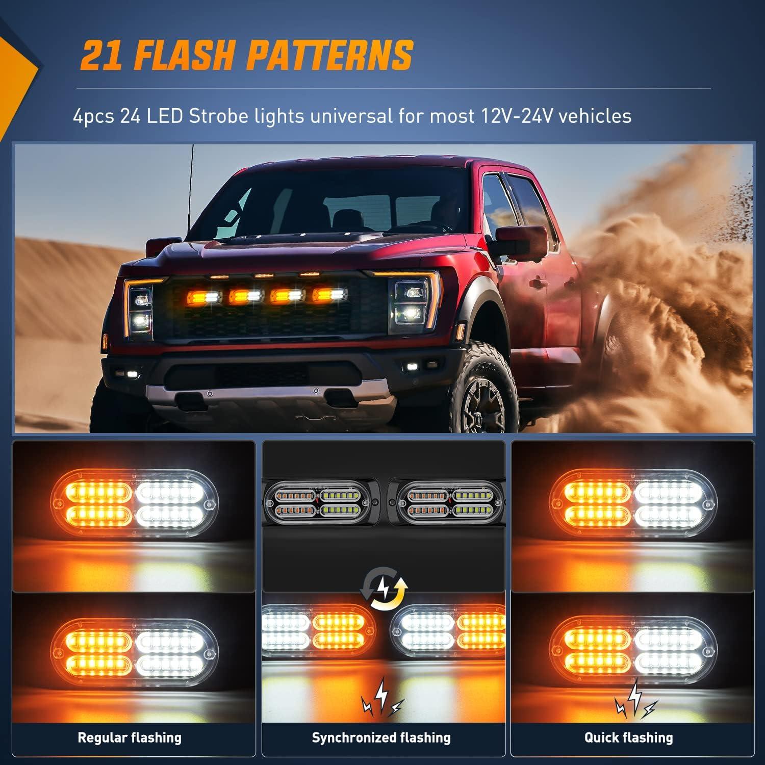imageNilight 4PCS LED Strobe lights 12V 24V Sync Feature Amber Green 24LED Emergency Hazard Warning Lights with Controller Hard Wire or Cigarette Lighter Plug for Car Truck RVs CampersAmberWhite Lights 4Pcs