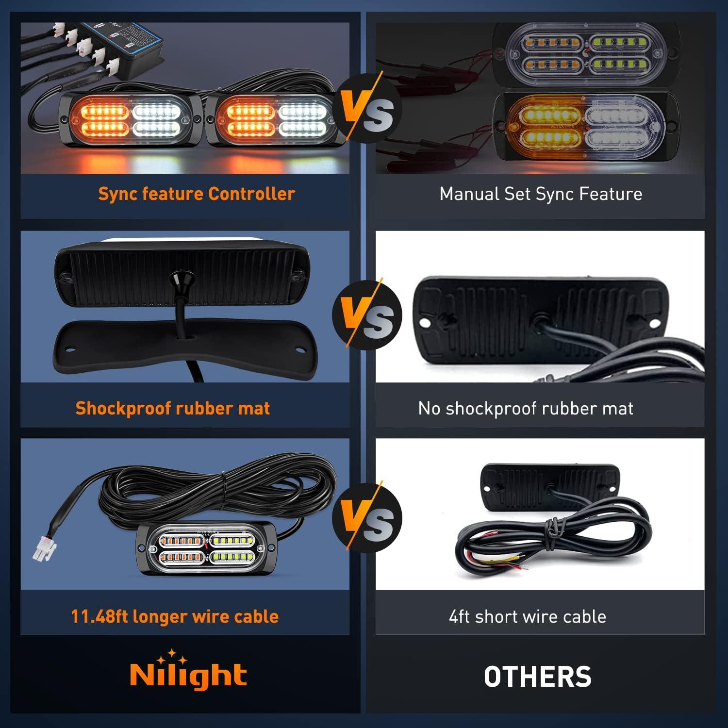 imageNilight 4PCS LED Strobe lights 12V 24V Sync Feature Amber Green 24LED Emergency Hazard Warning Lights with Controller Hard Wire or Cigarette Lighter Plug for Car Truck RVs CampersAmberWhite Lights wController 4Pcs