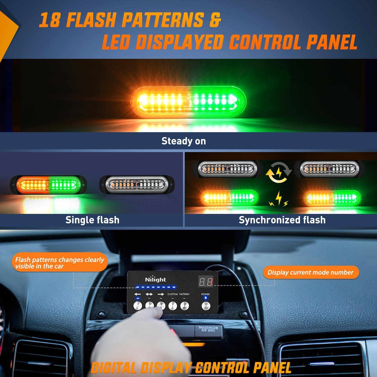 imageNilight 8PCS Led Strobe Lights with Controller 12V 24V Sync Feature Amber Green Strobe Light 12 LED Surface Mount Emergency Hazard Warning Lights with Strobe Controller for Vehicle Car Truck RV ATV